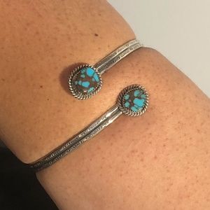 XL Signed Custom Sterling Silver Turquoise Upper Arm Bracelet